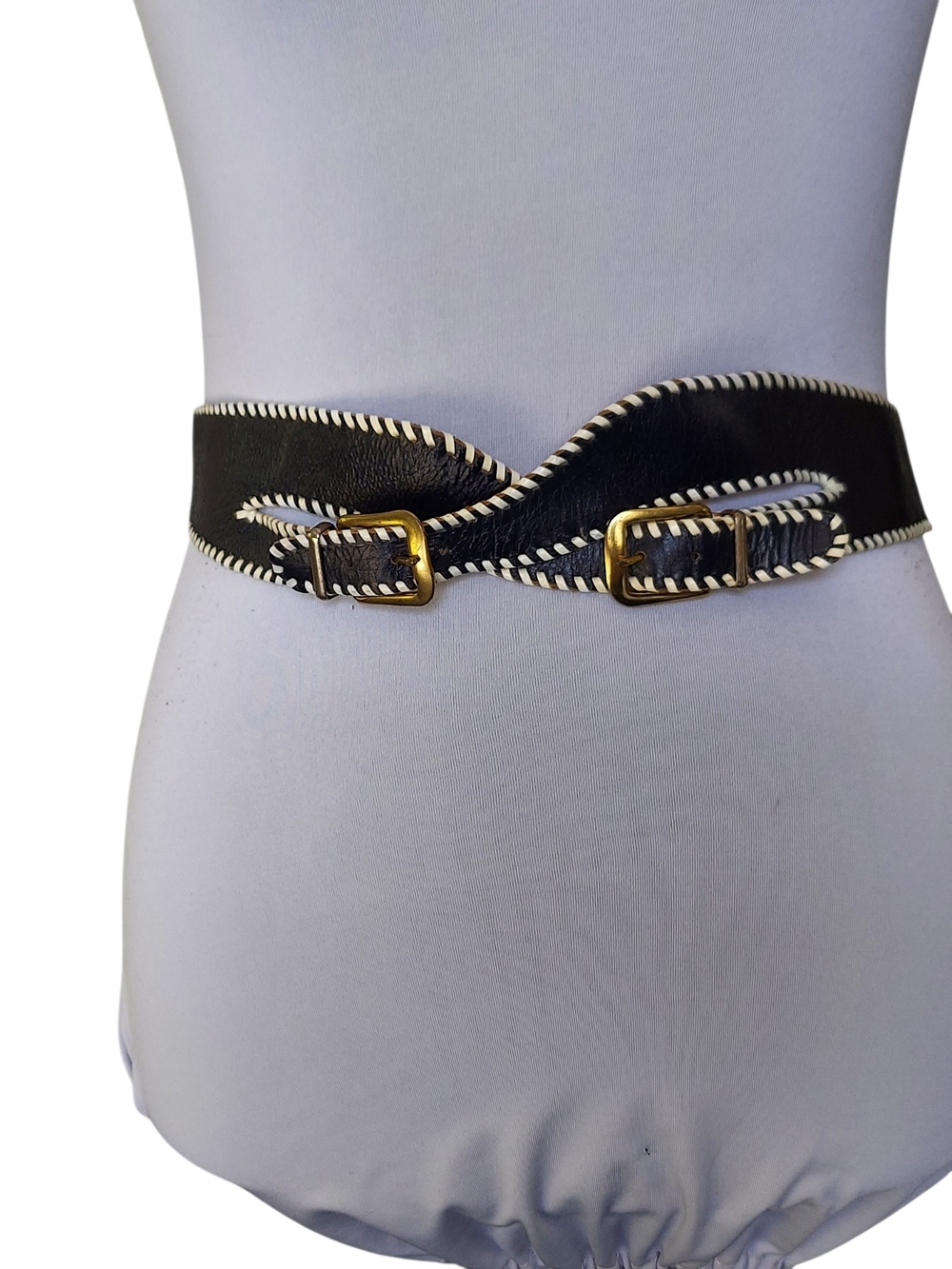 Vintage Navy Blue Leather White Whipstitch Double Buckle Belt Coastal S/M - Picture 2 of 13